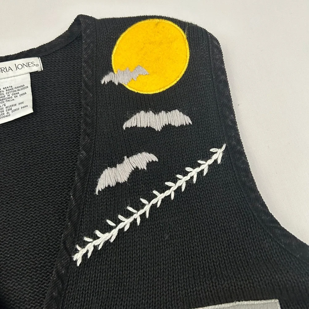 Victoria Jones Halloween Sweater Vest Women L Black Zip Up Ghost Pumpkin Bat VTG
